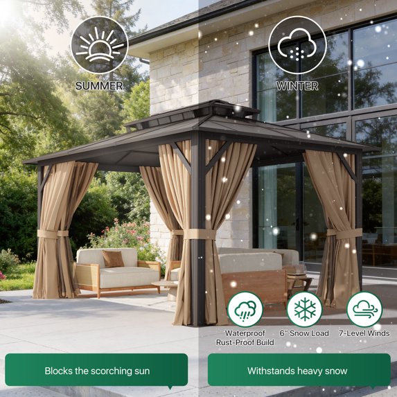 Clouddwell 10'x14' Hardtop Gazebo - Polycarbonate Double Roof with Netting & Curtains for Patio, Garden Sun Protection,Brown