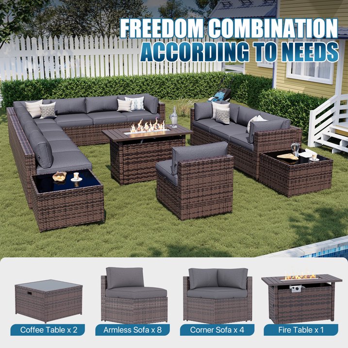 Sunmthink Patio Furniture Sets, 15-Piece Outdoor Patio Furniture with 44'' Propane Gas Firepit Table, Wicker Outdoor Conversation Set and Waterproof Cover for Backyard, Poolside, Garden