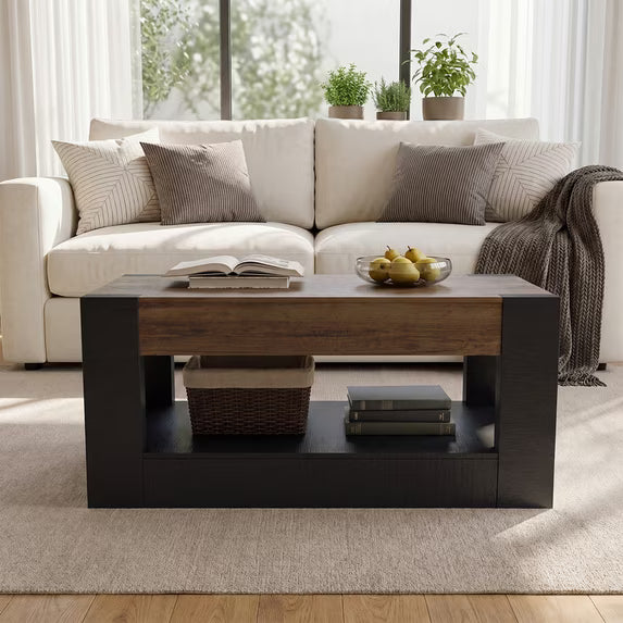 Sonergra Farmhouse Coffee Table with 2 Side Drawers, 47 Inch Rustic Wooden Rectangular Cocktail Table, Multifunctional TV Stand for Living Room,Black
