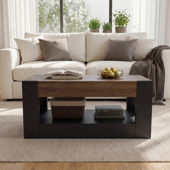 Sonergra Farmhouse Coffee Table with 2 Side Drawers, 47 Inch Rustic Wooden Rectangular Cocktail Table, Multifunctional TV Stand for Living Room,Black