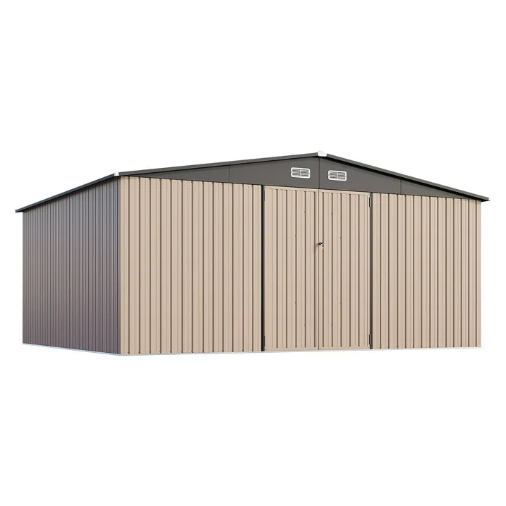 Clouddwell 12 x 14FT Shed Outdoor Storage Shed with Double Hinged Large Door, Large Metal Shed with Lockable Door & Sloped Roof for Garden, Backyard, Patio and Backyard, Brown
