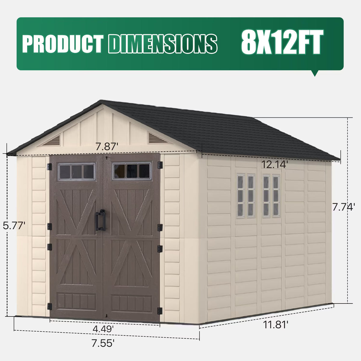 Clouddwell 8x12 FT Outdoor Storage Shed with Floor, HDPE Resin Garden Storage House with Double Doors, Windows & Ventilation, Heavy Duty Backyard Tool Shed for Lawn Equipment and Garden Supplies