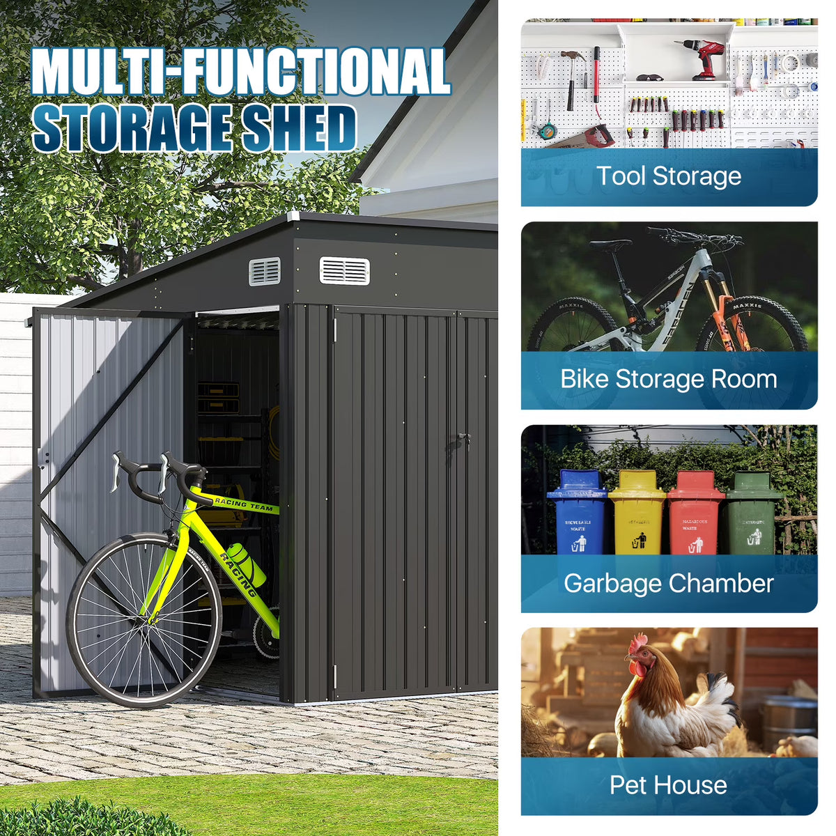 Dateyes 12' x 8' Metal Storage Shed with Triple Doors, Lockable Lean-to Design & Vents, Black