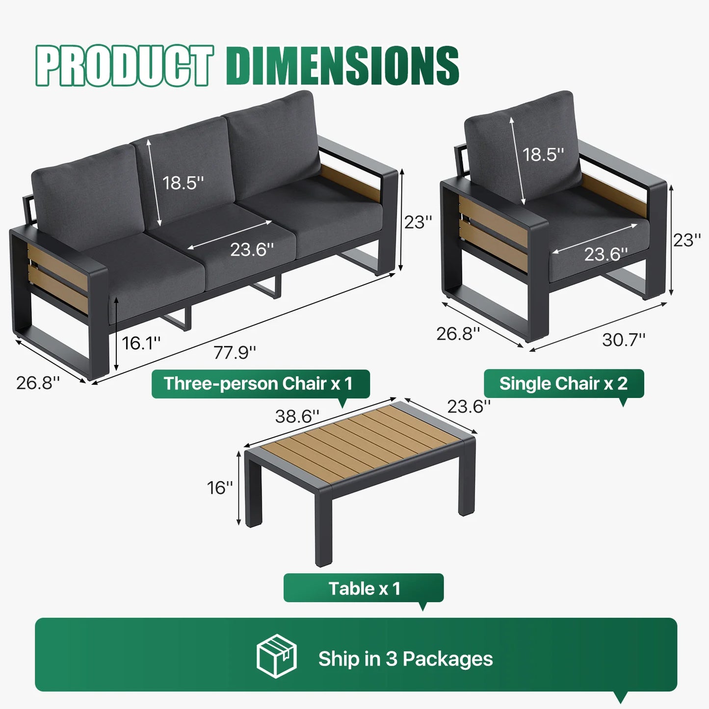 5-Seats Aluminum Patio Furniture Set, Outdoor Metal Sofa Conversation Set with Coffee Table for Pool Garden Porch Backyard, Dark Gray