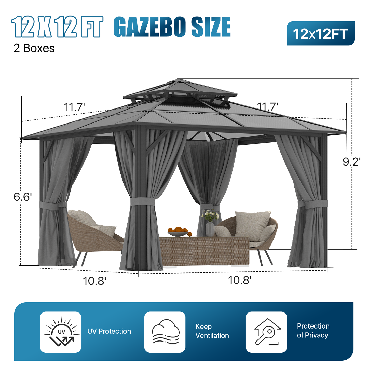 Sunmthink 12' x 12' Hardtop Gazebo,Polycarbonate Double Roof,Aluminum Frame with Curtains and Netting for Patio,Garden,Gray