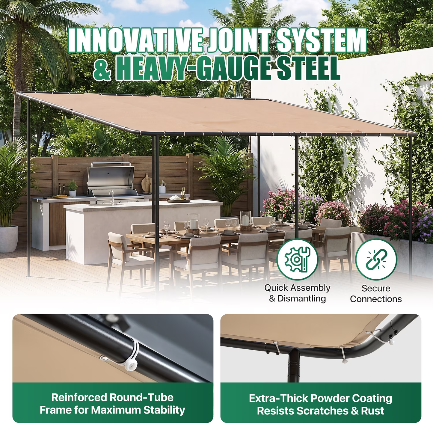 Clouddwell 12×16 FT Wall-Mounted Sloped Roof Outdoor Pergola Canopy, Water-Resistant & UV-Resistant Metal Patio Gazebo for Backyard Garden Porch in Khaki