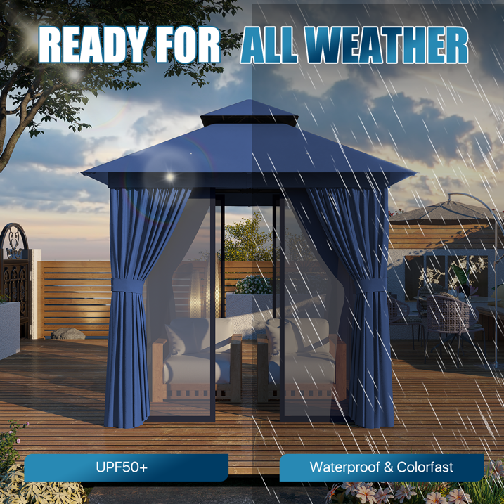 Sunmthink Outdoor Gazebo for Patio 8'x8', Metal Frame Canopy with Double Roofs, Heavy Duty Party Tent and Shelter with Mosquito Netting and Privacy Screen for Backyard,Garden,Deck (Blue)