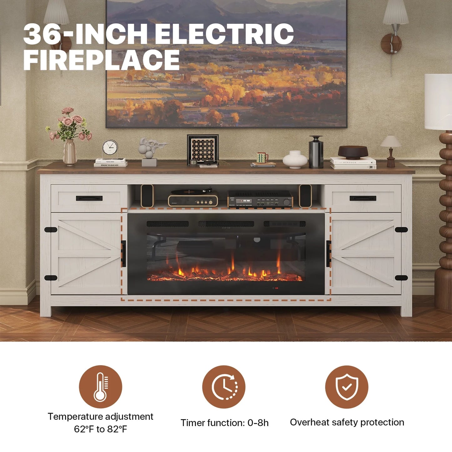 Sonegra Fireplace TV Stand with Barn Door for TVs up to 80", Farmhouse 70" Fireplace Entertainment Center, TV Console with Storage Cabinets for Living Room, White