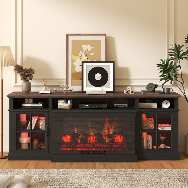 Sonegra 70 inch Fireplace TV Stand for TVs up to 80" with Electric Fireplace, Farmhouse Entertainment Center with LED Lights and Glass Door, Modern TV Consoles for Living Room, Black