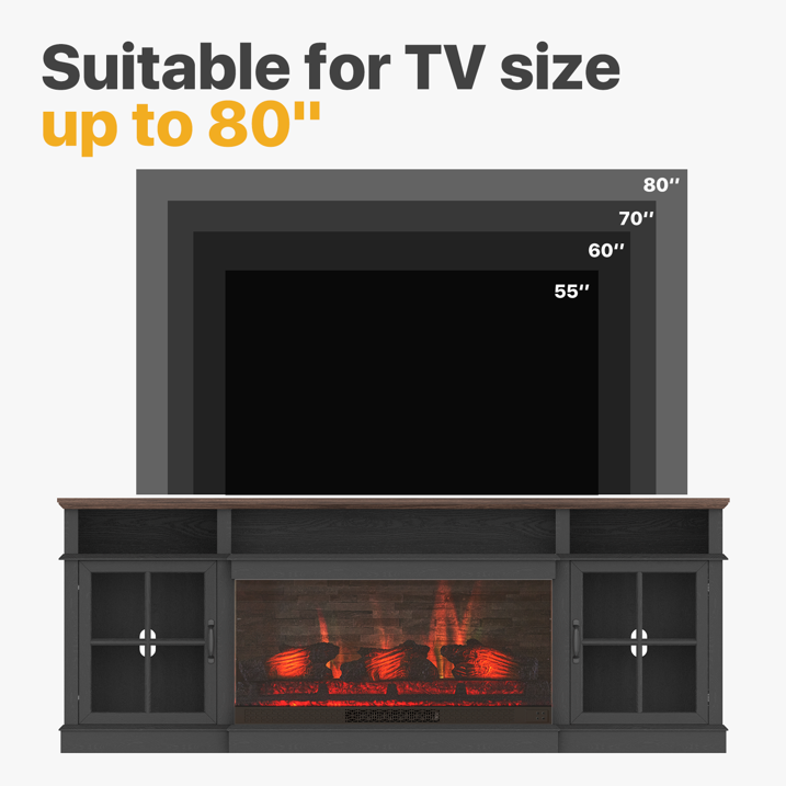 Sonegra 70 inch Fireplace TV Stand for TVs up to 80" with Electric Fireplace, Farmhouse Entertainment Center with LED Lights and Glass Door, Modern TV Consoles for Living Room, Black