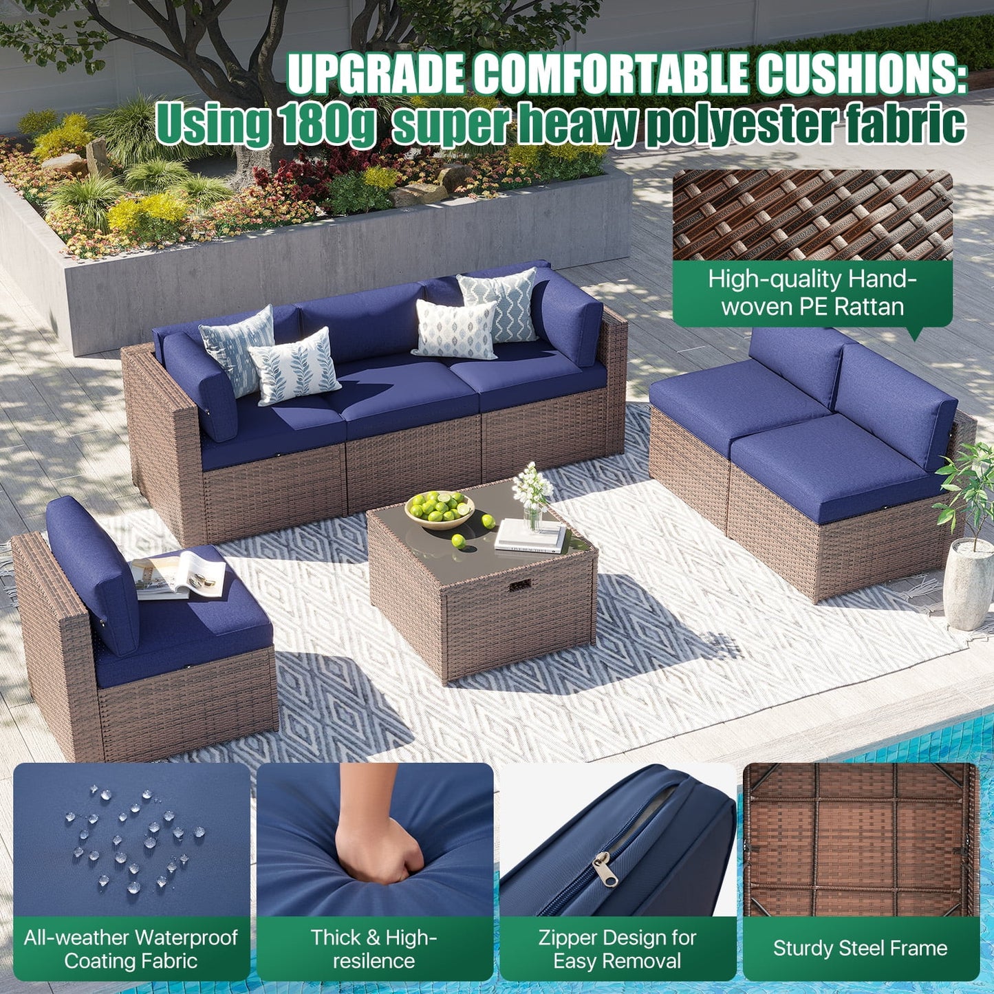 Clouddwell 7 Piece Patio Furniture Set Wicker Rattan Patio Conversation Set Outdoor Sectional Sofa Set with Coffee Table and Blue Cushions(Waterproof Cover Included)