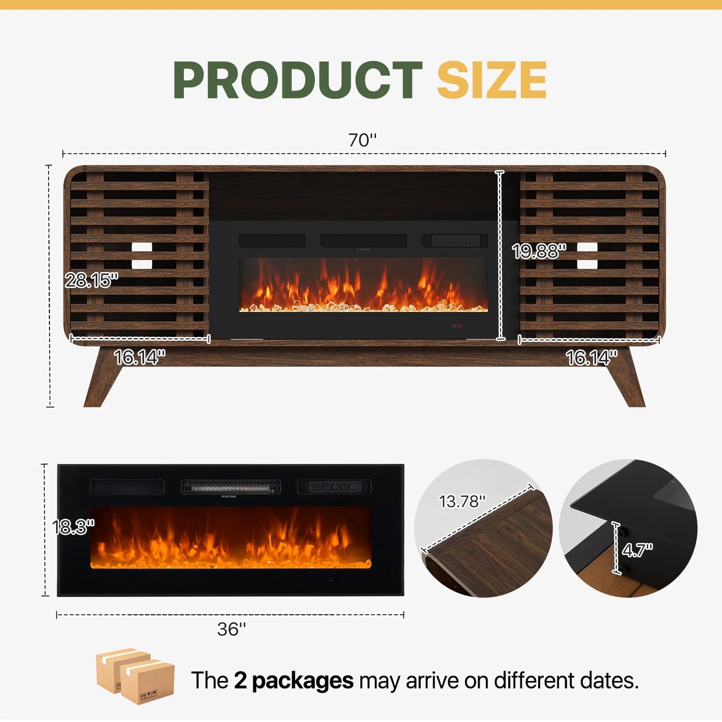 Sonegra Fireplace TV Stand with 36" Electric Fireplace, Mid Century Modern Entertainment Center with Led Lights for 80” TVs , Wood Media Console with Slatted Sliding Doors, for Living Room