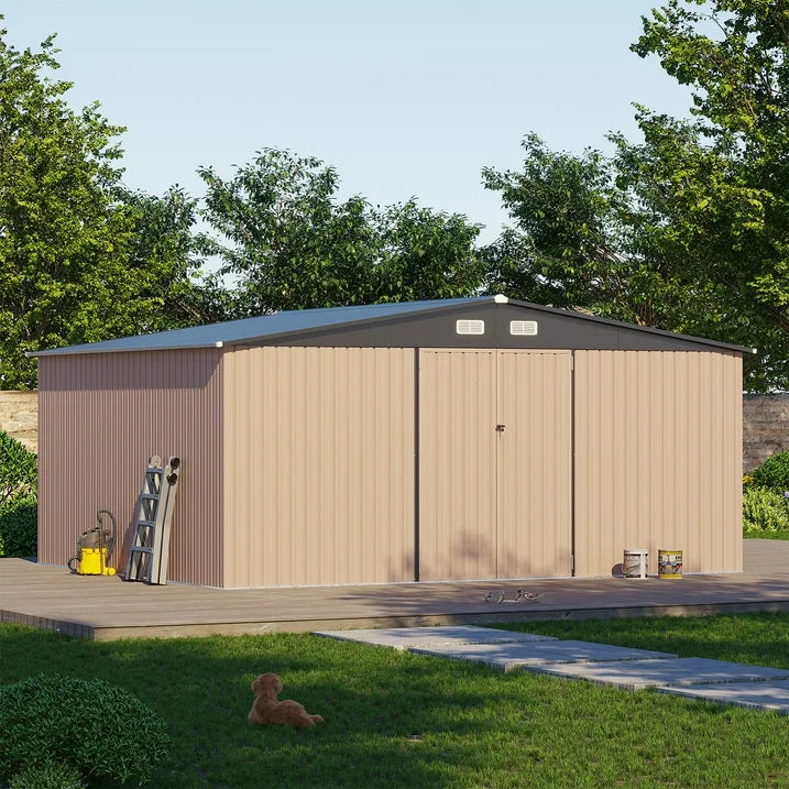 Clouddwell 14 ft. x 12 ft. Outdoor Storage Shed, 800 cu. ft. Brown Steel Utility Shed with Lockable Door for Garden