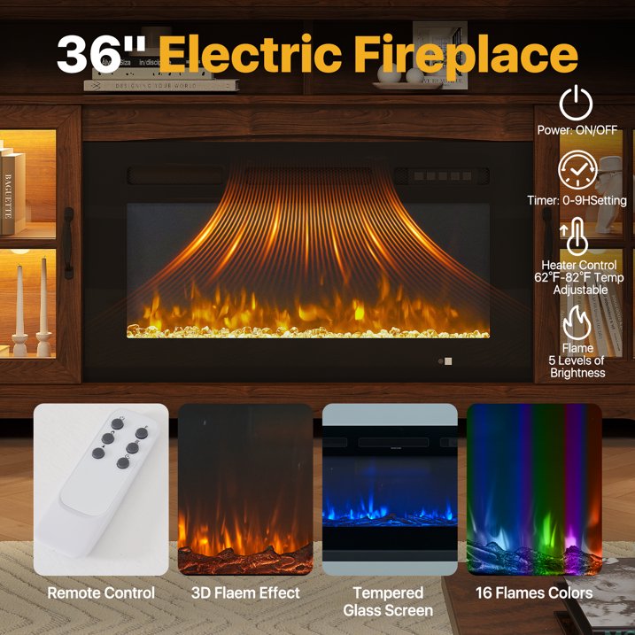 Sonegra Fireplace TV Stand with Glass Door for TVs up to 80", 70" Entertainment Center with Fireplace, Media Console for Living Room, Brown