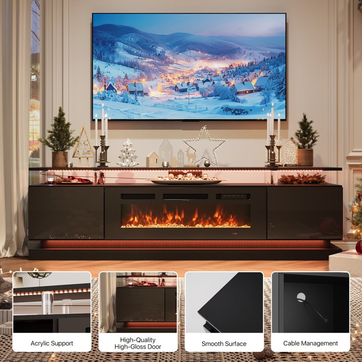 Sonegra Modern Fireplace TV Stand for TVs Up to 80" with Music Sync LED, 70" Entertainment Center with Electric Fireplace, TV Console with Storage Cabinets for Living Room, Black