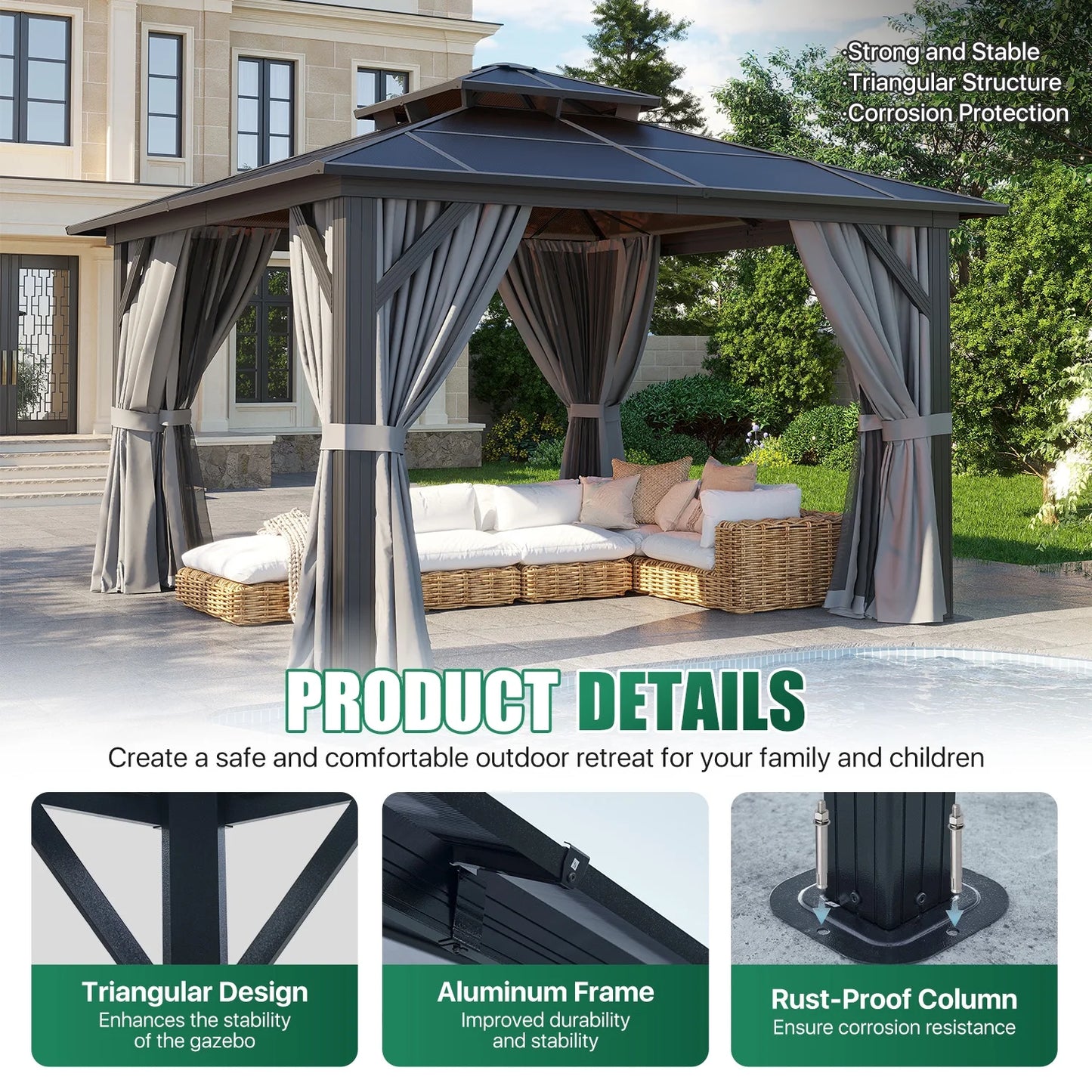 Clouddwell 12'x12' Hardtop Gazebo - Polycarbonate Double Roof with Netting & Curtains for Patio, Garden Sun Protection,Gray