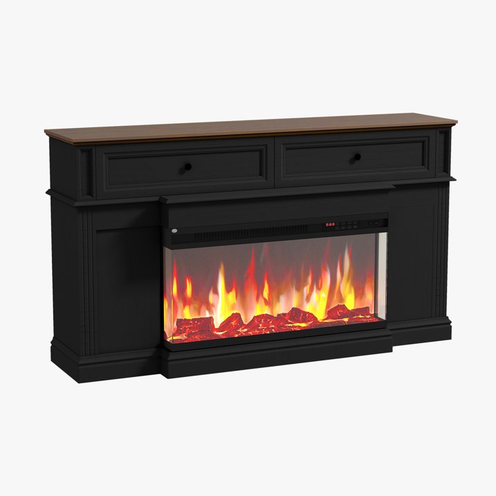 Sonegra Fireplace TV Stand for TVs up to 70" with 36" Fireplace, Farmhouse Entertainment Center with Fireplace, Wooden Media Console for Living Room, Black