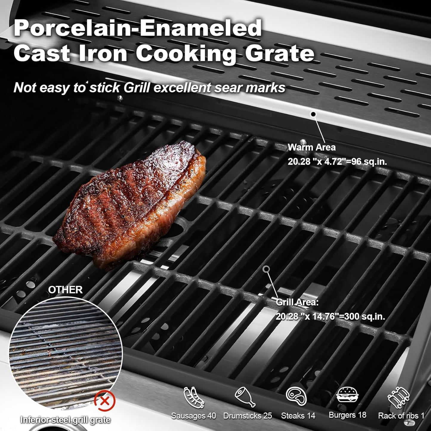 Clouddwell Stainless Steel Burner Barbecue Grill, 3 Burner BBQ Propane Gas Grill with Cast Iron Grates & Side Stove for Patio, Camping, Outdoor Cooking