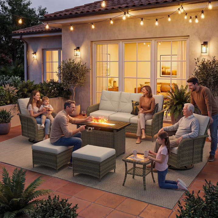 Sunmthink 7-Piece Patio Furniture Set, High Back Swivel Rocker Chairs with Thick Cushions, Wicker Rattan Outdoor Sectional Sofa with Fire Pit & Ottoman, Gray