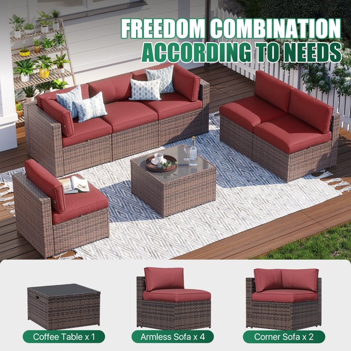Clouddwell 7 Piece Patio Furniture Set Wicker Rattan Patio Conversation Set Outdoor Sectional Sofa Set with Coffee Table and Black Cushions(Waterproof Cover Included)