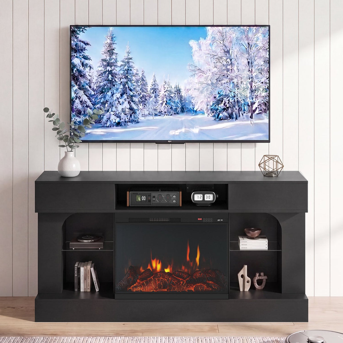 Sonegra 58 Inch Fireplace TV Stand, 3‑Sided Glass Electric Fireplace Media Console Fits Up to 65" TV, Entertainment Center with Shelves & Spacious Storage, LED Flame TV Cabinet for Living Room, Black