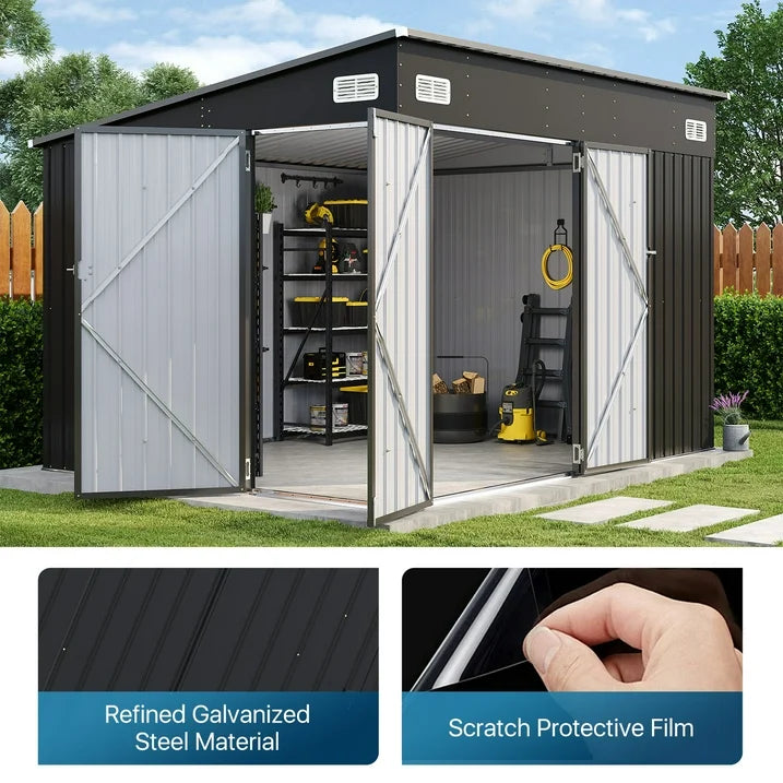 Sunmthink 10' x 8' Metal Storage Shed with Triple Doors, Lockable Lean-to Design & Vents, Black