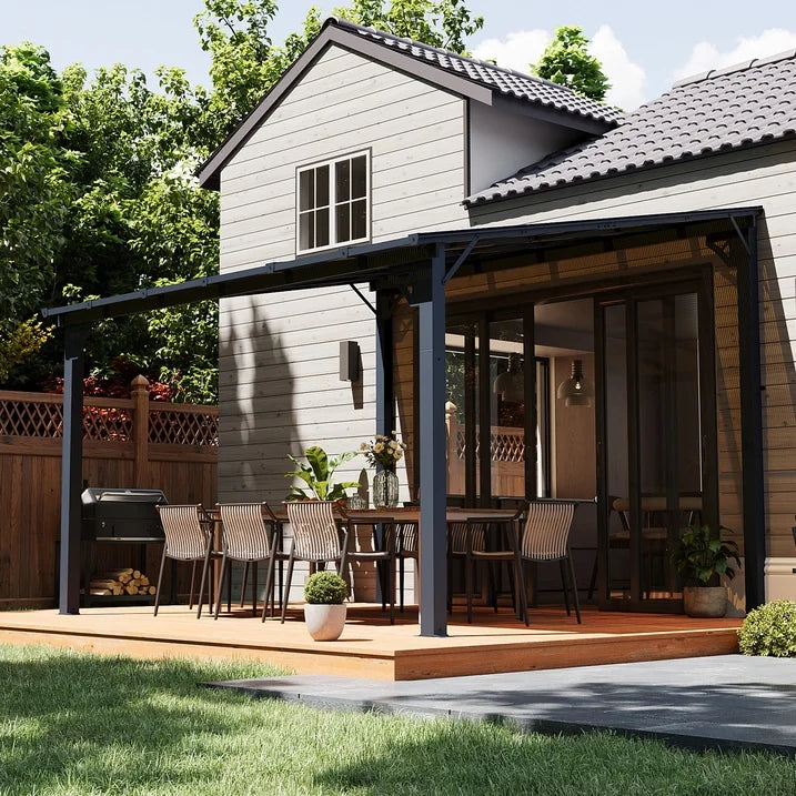 Sunmthink Outdoor Hardtop Gazebo for Patio 10' x 12', Wall-Mounted Lean to Gazebo Pergola with Roof
