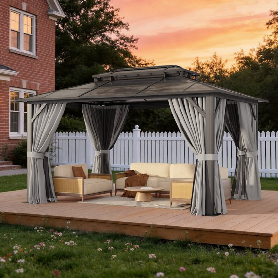 Clouddwell 10'x14' Hardtop Gazebo - Polycarbonate Double Roof with Netting & Curtains for Patio, Garden Sun Protection,Gray