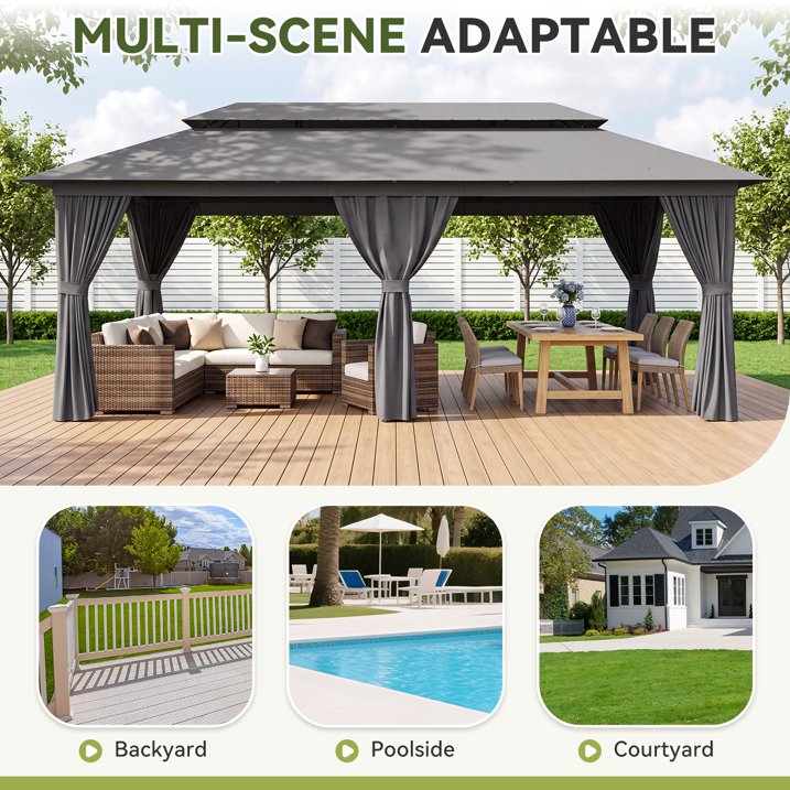 Clouddwell 20'x10' Patio Gazebo Double Roof Protection All-Weather Outdoor Shelter Features Insect Screens Ideal for Backyard, Lawn, (Gray)