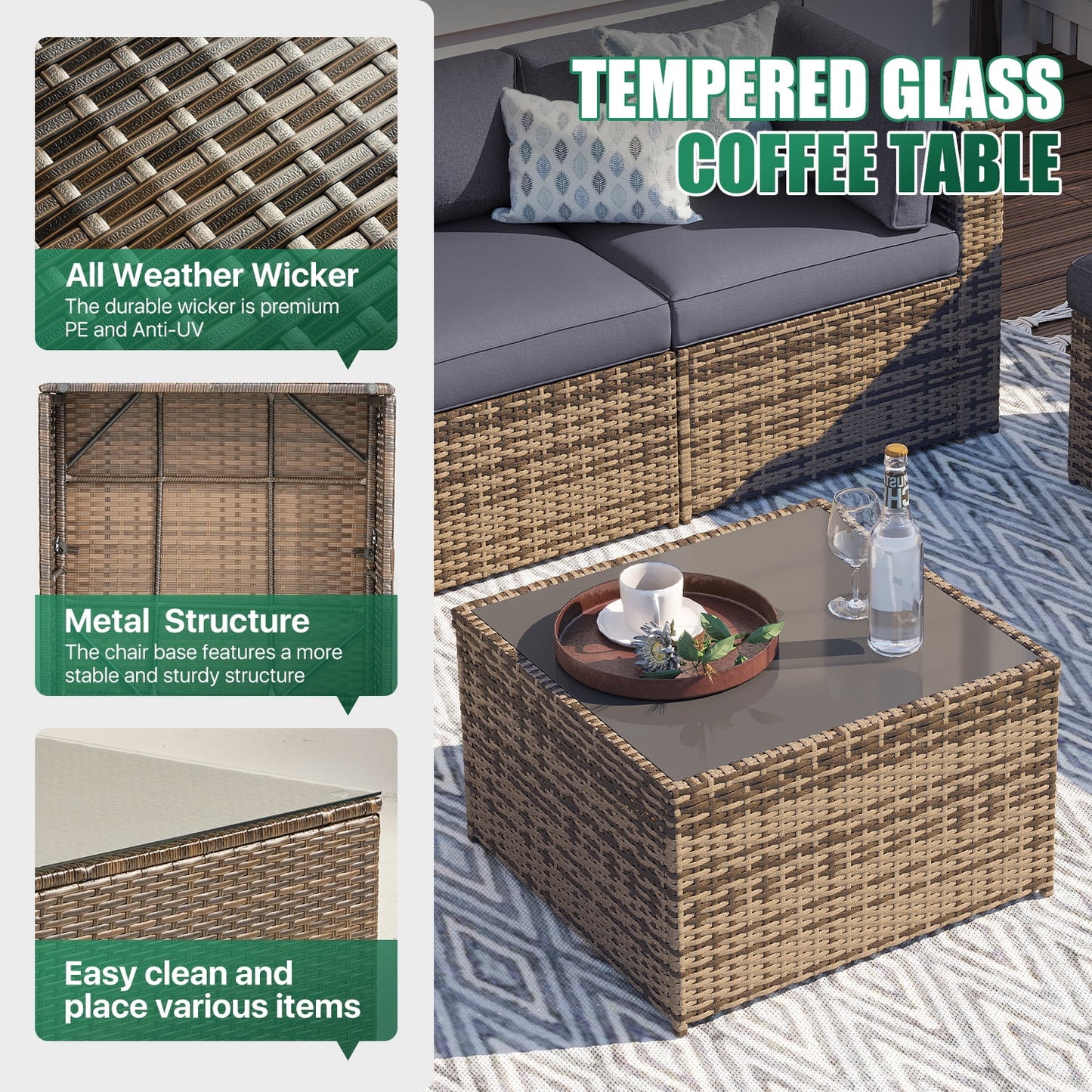 Clouddwell 12 Piece Patio Furniture Set with 44” Fire Pit Table Wicker Rattan Patio Conversation Set Outdoor Sectional Sofa Set with Coffee Table and Gray Cushions (Waterproof Cover Included)