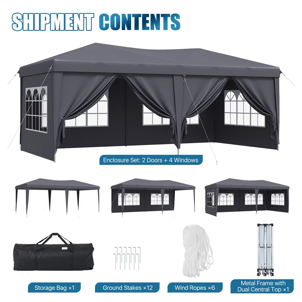 Dateyes 10x20 Pop Up Canopy Tent, Waterproof Party Tent with 6 Removable Sidewalls, 3-Level Height Adjustable Event Tent, Instant Shelter for Wedding, Party, Commercial & Market Events,Gray
