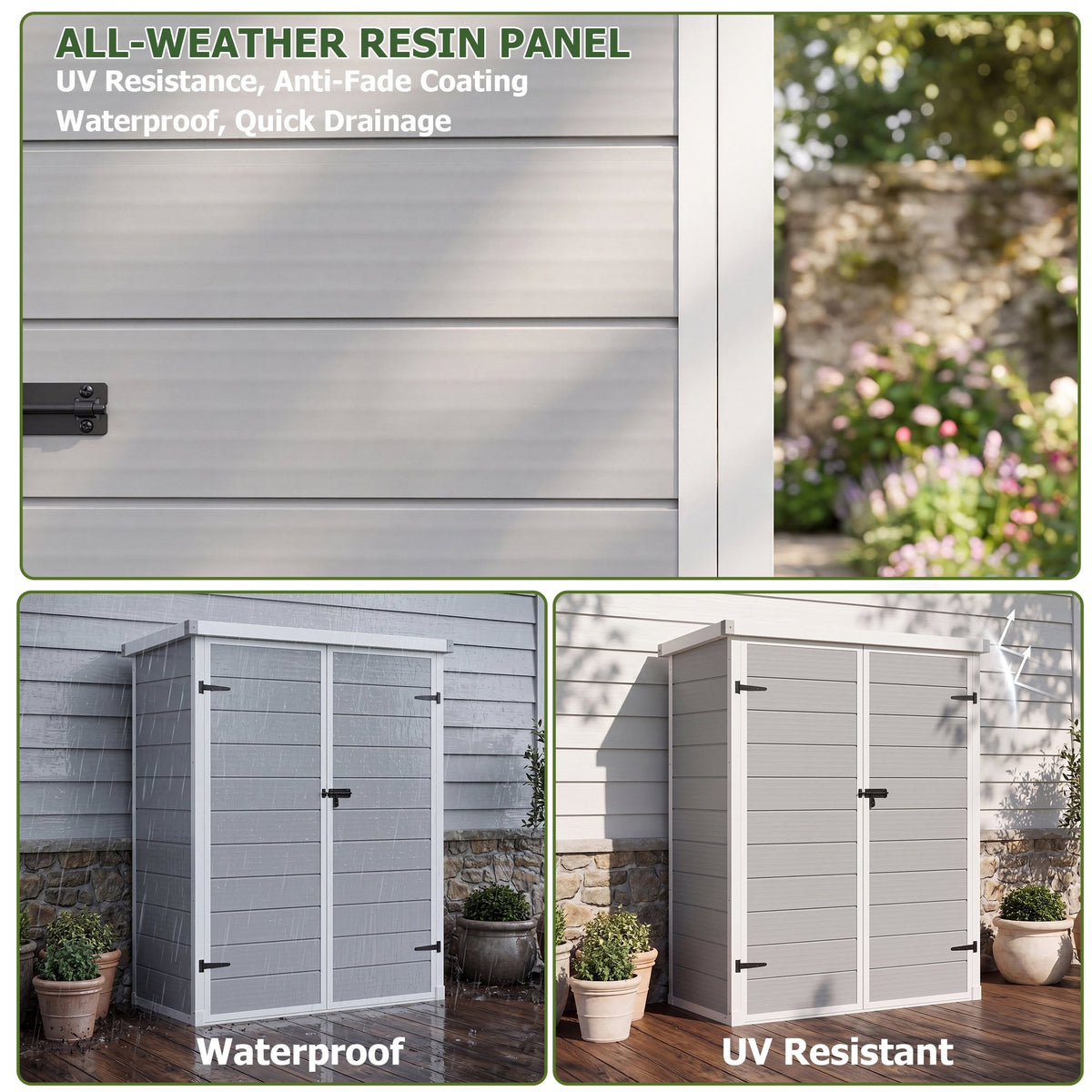 Dateyes 4.4X2.2 FT Resin Outdoor Storage Shed, 48 Cu.ft Waterproof Plastic Storage Sheds with Floor, Weather-Resistant Vertical Outdoor Storage Cabinet with Lockable Doors, Gray