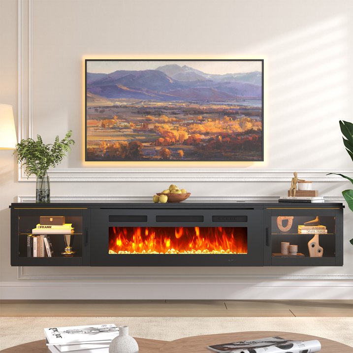 Sonegra 70" Floating TV Stand with 36" Electric Fireplace, High Gloss Finish Wall Mounted Fireplace Entertainment Center with Storage for TVs Up to 80", Black