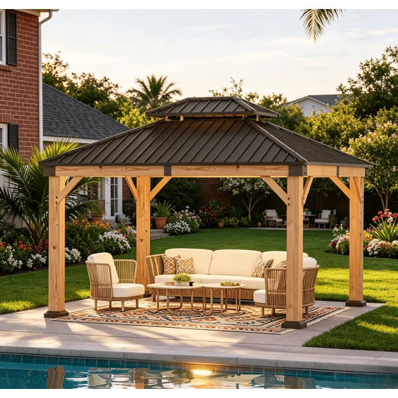 Sunmthink 10'x12' Outdoor Hardtop Gazebo, Cedar Wood Pavilion with Galvanized Steel Double Roof, for Patio, Garden, Deck