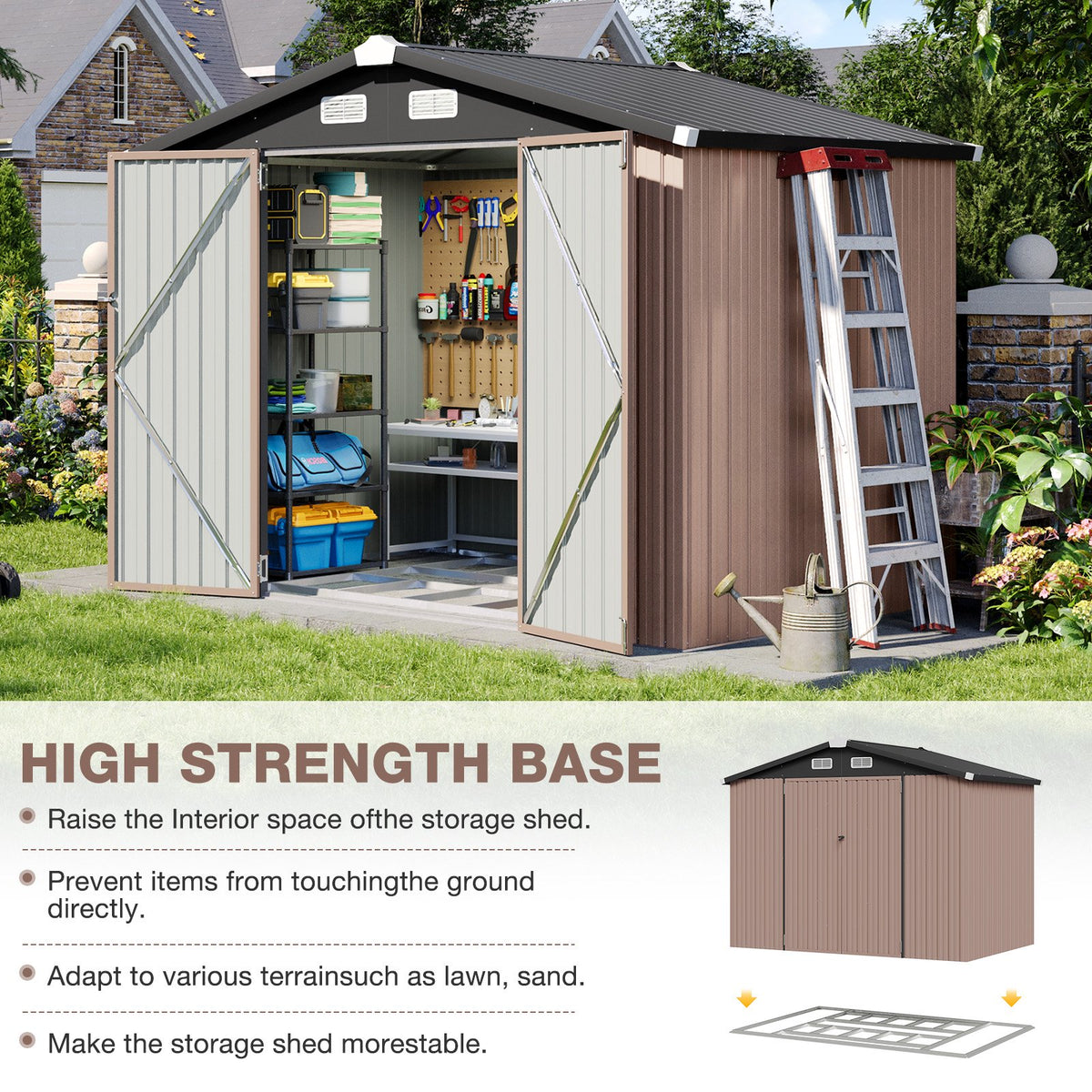 Dateyes 7.3 x 5.8 ft Outdoor Storage Shed with Base, Metal Tool Shed for Patio, Garden, Backyard, Upgraded Frame, Brown