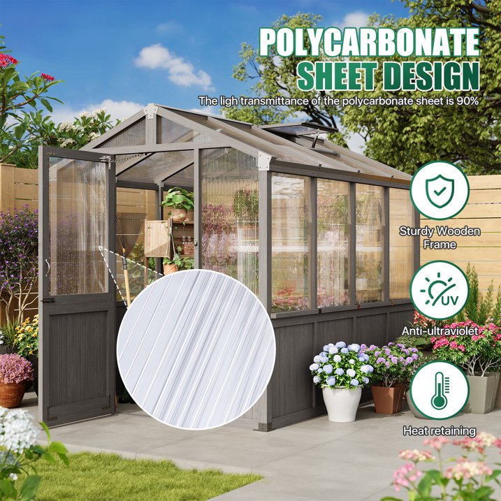 Clouddwell Large Outdoor Wooden Storage Shed, Polycarbonate Panels with Automatic Roof Vent & Lockable Door, Outdoor Walk-in Garden Greenhouse, 6x8 FT, Gray