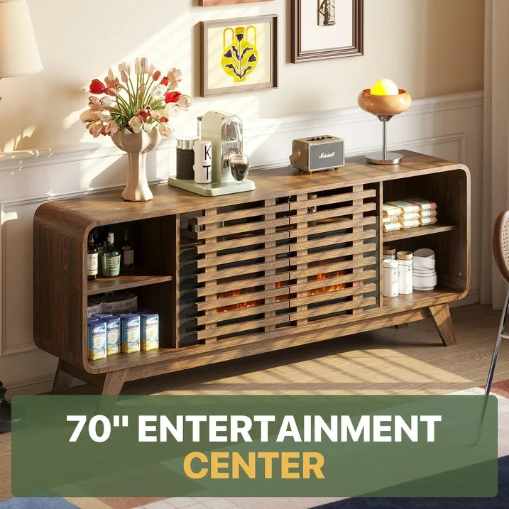 Sonegra Fireplace TV Stand with 36" Electric Fireplace, Mid Century Modern Entertainment Center with Led Lights for 80” TVs , Wood Media Console with Slatted Sliding Doors, for Living Room