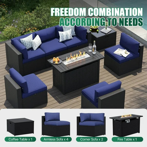 Clouddwell 8-Piece Patio Furniture Set With Fire Table On Sale, Black Rattan Wicker Outdoor Sectional Sofa Couch with Table Patio Conversation Set for Lawn& Backyard,Blue