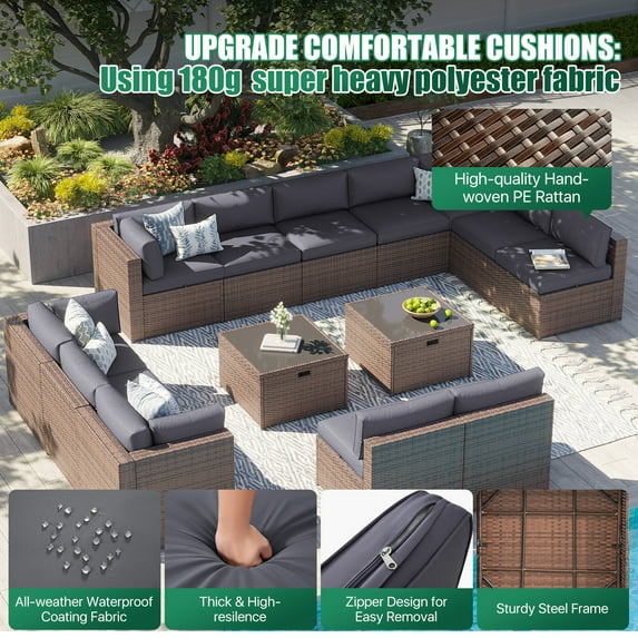 Clouddwell 14 Piece Patio Furniture Set Wicker Rattan Patio Conversation Set Outdoor Sectional Sofa Set with Coffee Table and Gray Cushions(Waterproof Cover Included)