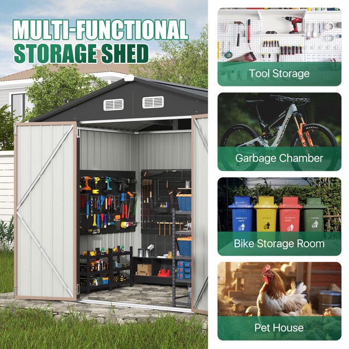 Clouddwell 7.5x5 ft. Outdoor Storage Shed with Base, Brown Metal Garden Shed with Double Lockable Doors for Backyard, Patio