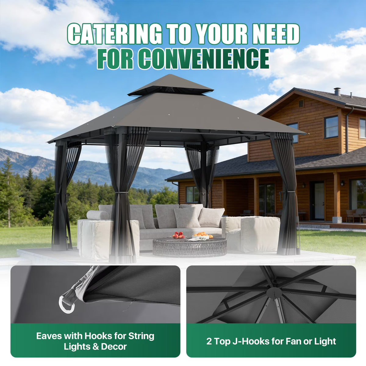 LazySunsets 10'x 10' Patio Gazebo Double Roof Protection All-Weather Outdoor Shelter Features Insect Screens for Backyard, Lawn, (Gray)