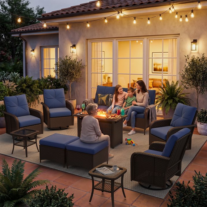Sunmthink 10-Piece Patio Furniture Set, High Back Swivel Rocker Chairs with Thick Cushions, Wicker Rattan Outdoor Sectional Sofa with Fire Pit & Ottoman, Blue