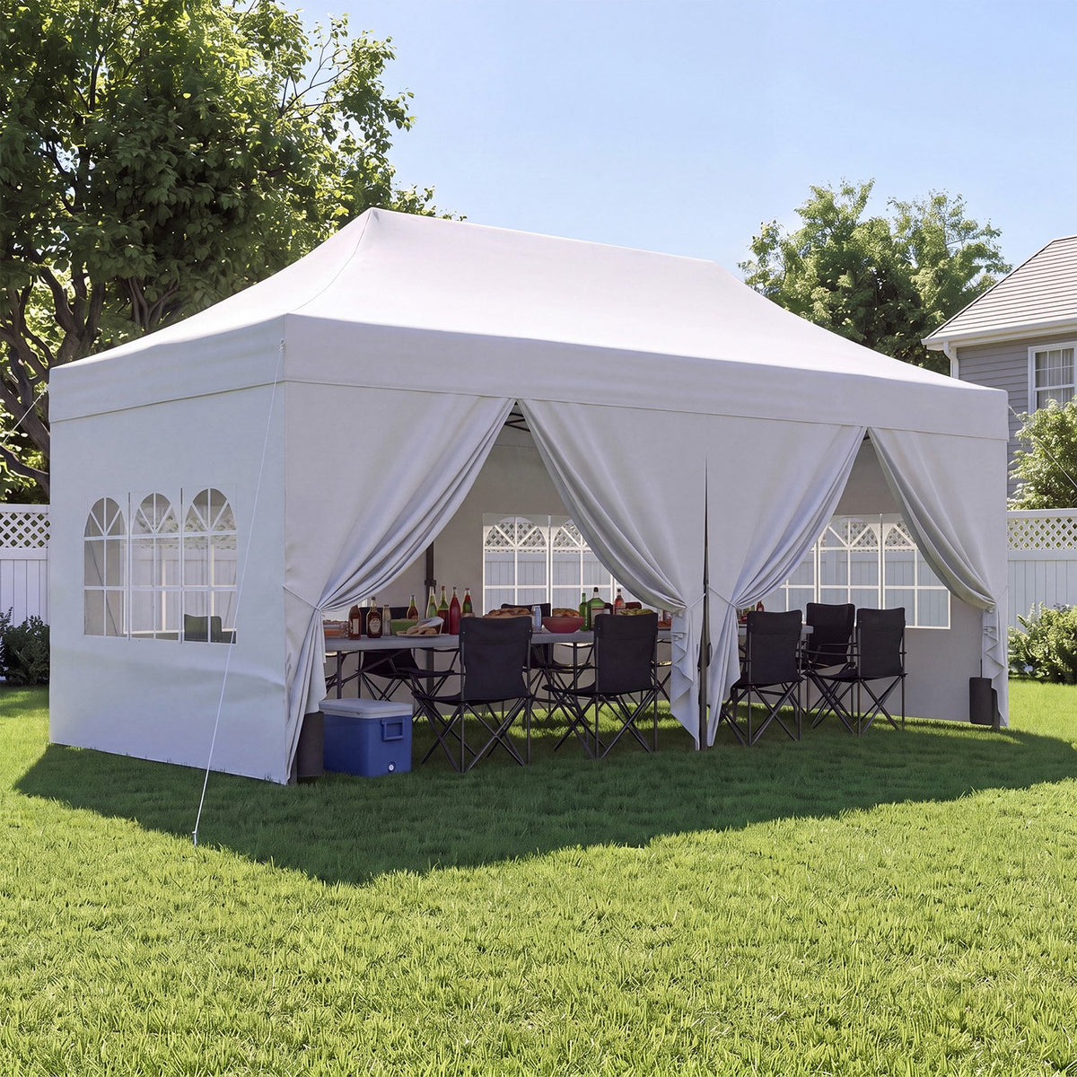 Dateyes 10x20 FT Pop Up Canopy Tent with 45mm Heavy Duty Steel Frame & 6 Sidewalls, Waterproof Outdoor Canopy, 3-Level Adjustable Height, Instant Party Tent with Roller Bag, White