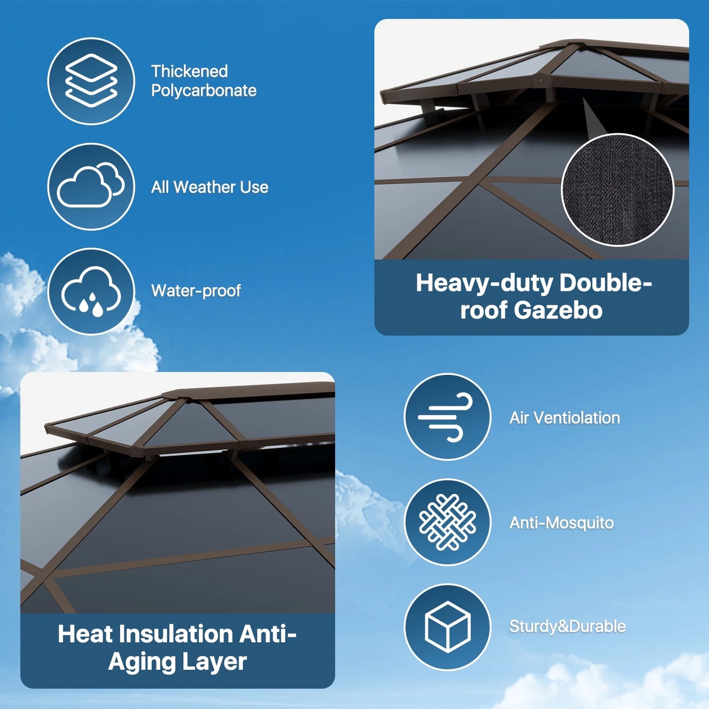 Sunmthink 12' x 20'Hardtop Gazebo,Polycarbonate Double Roof,Aluminum Frame with Curtains and Netting for Patio,Garden,Brown