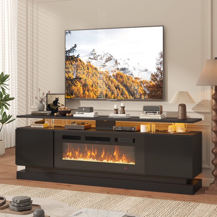 Sonegra Fireplace TV Stand with Electric Fireplace up to 80", Entertainment Center with Fireplace, LED 70" Modern TV Console with Storage for Livingroom, Black