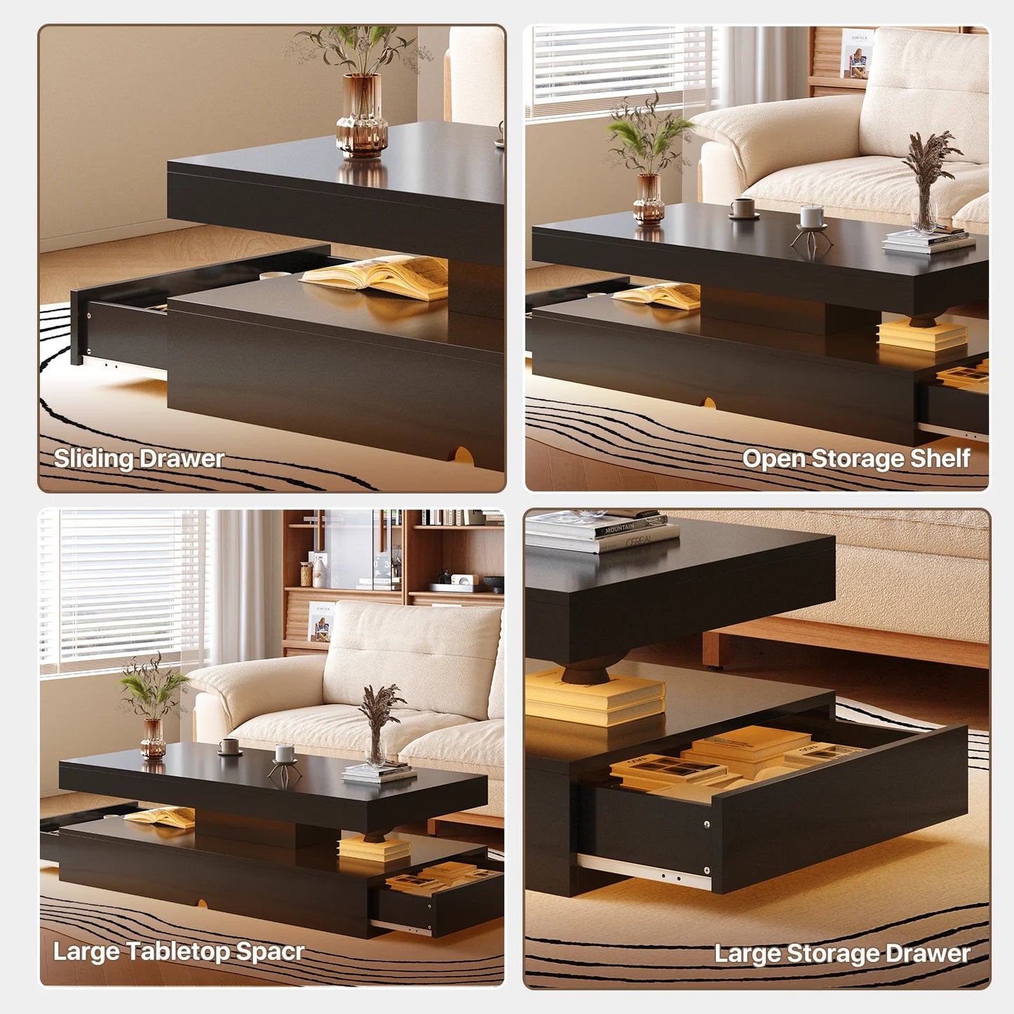 Sonegra 47" High-Glossy LED Coffee Table, Storage Coffee Table with 2 Sliding Drawers for Living Room, Modern Stylish Double-Layer Center Tables with LED Lights, Black
