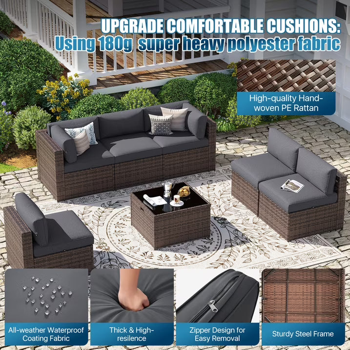 Sunmthink 7-Piece Wicker Patio Furniture Sets, Outdoor Conversation Set with 4 Inches Thick Cushions and Waterproof Cover