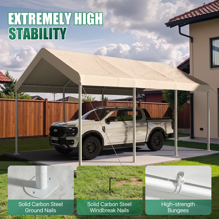 Clouddwell Carport 10x20 FT Heavy-Duty Portable Carport, Outdoor Car Canopy Shelter with Waterproof Tarp & Wind Resistant Design, Galvanized Steel Frame for Vehicle, RV, Boat, Truck Cover (Khaki)