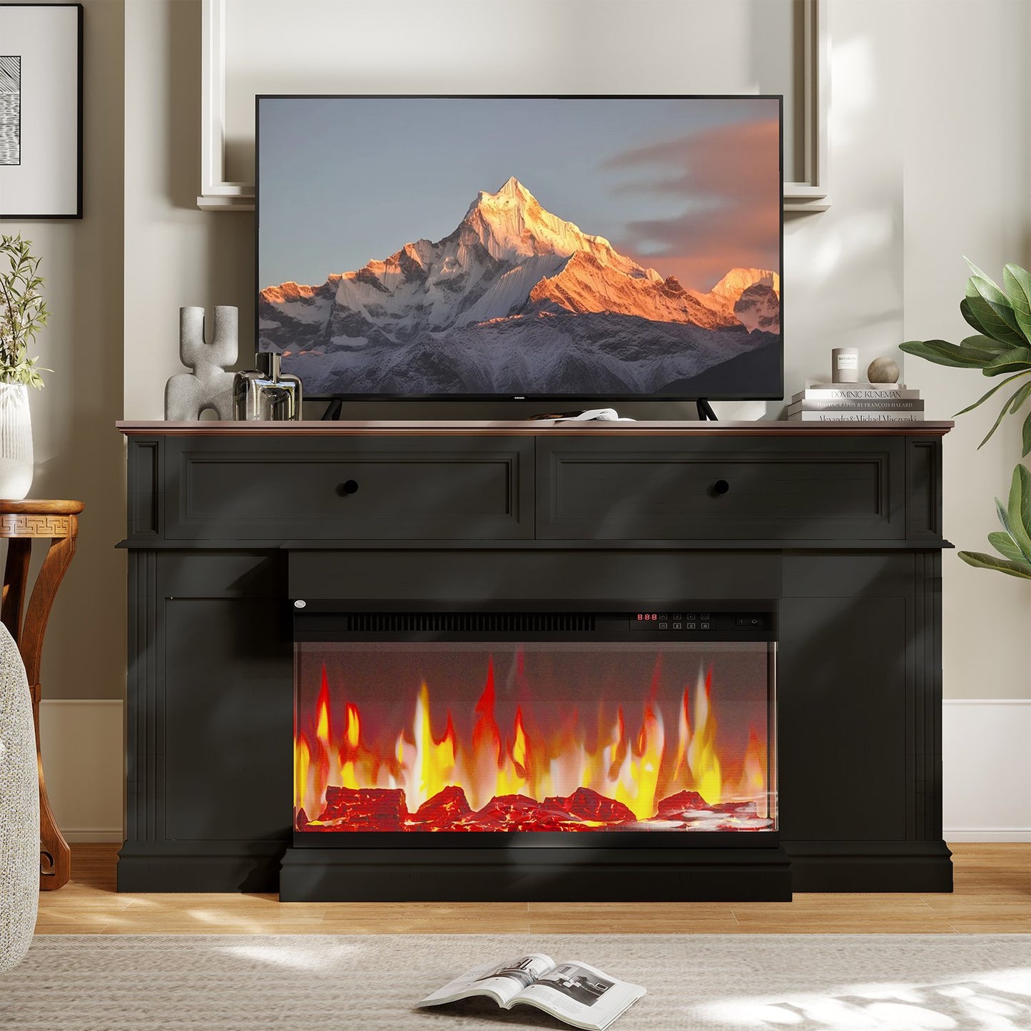 Sonegra Fireplace TV Stand for TVs up to 70" with 36" Fireplace, Farmhouse Entertainment Center with Fireplace, Wooden Media Console for Living Room, Black