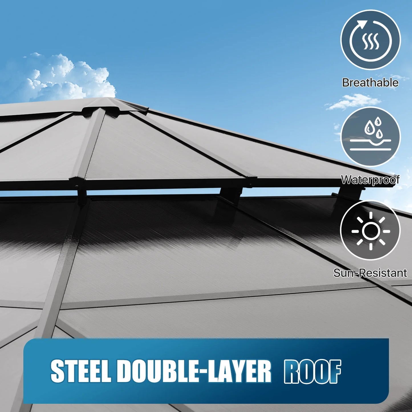 Sunmthink 10' x 14' Hardtop Gazebo,Polycarbonate Double Roof,Aluminum Frame with Curtains and Netting for Patio,Garden,Brown